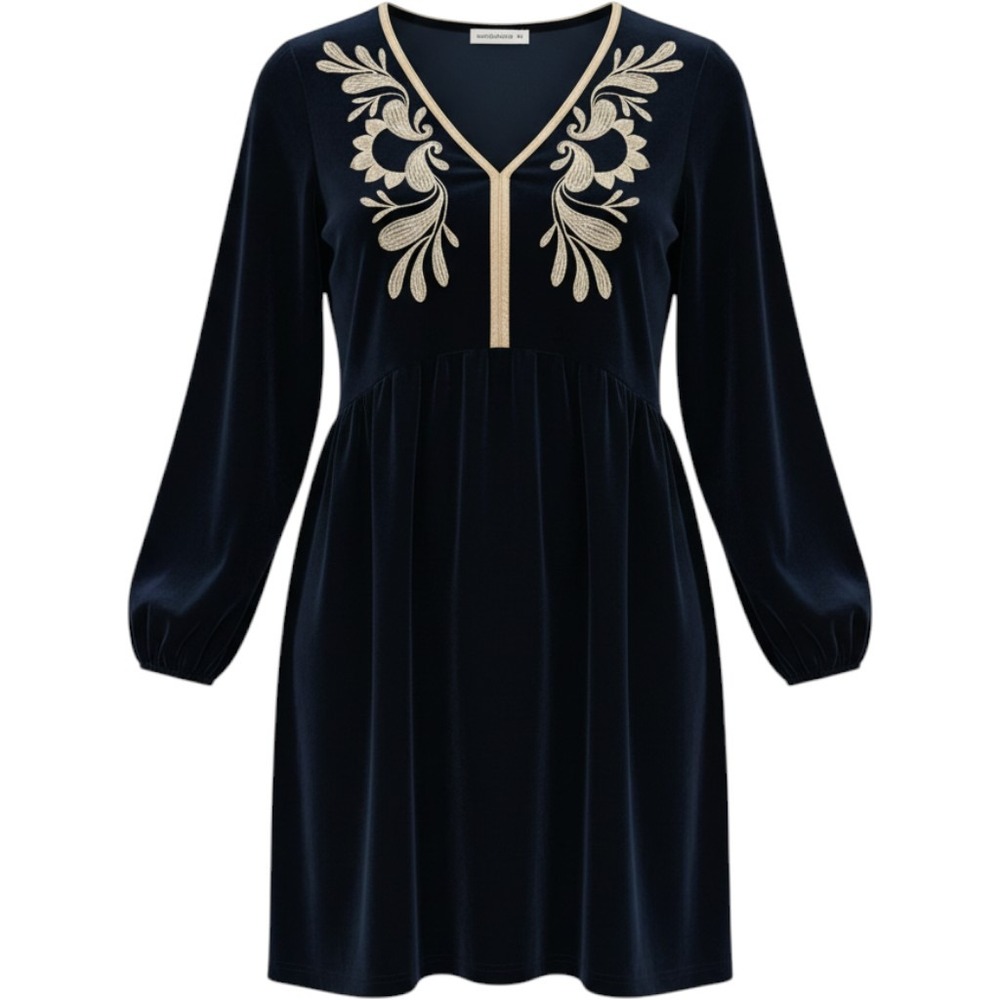 Rusttydustty Velvet Mini Dress Women 4XL Green Embroidered Boho Long Sleeve